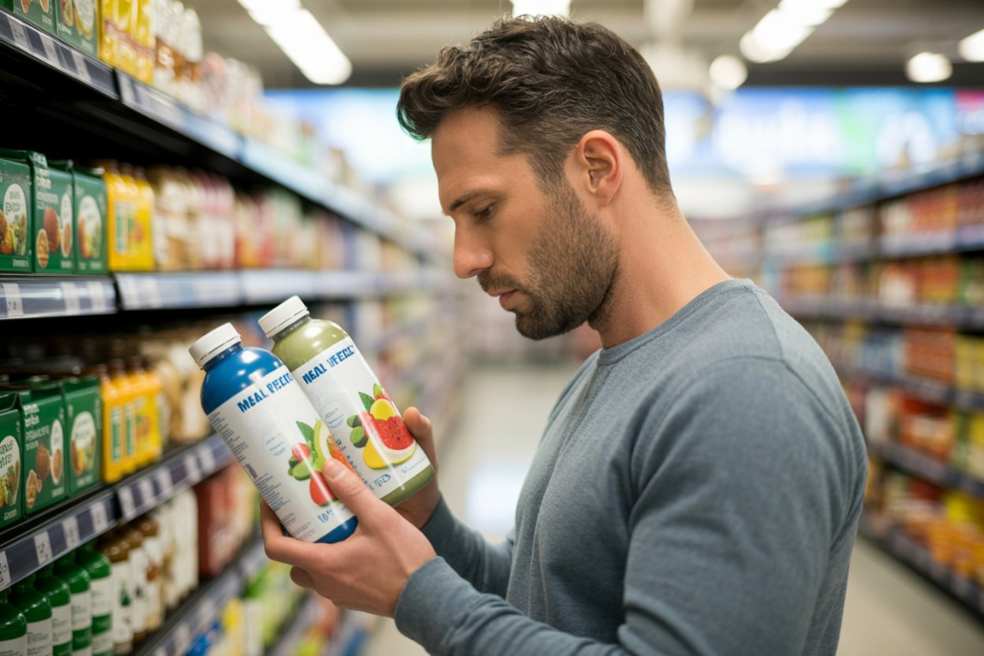 A man comparing different meal replacement drinks while shopping.