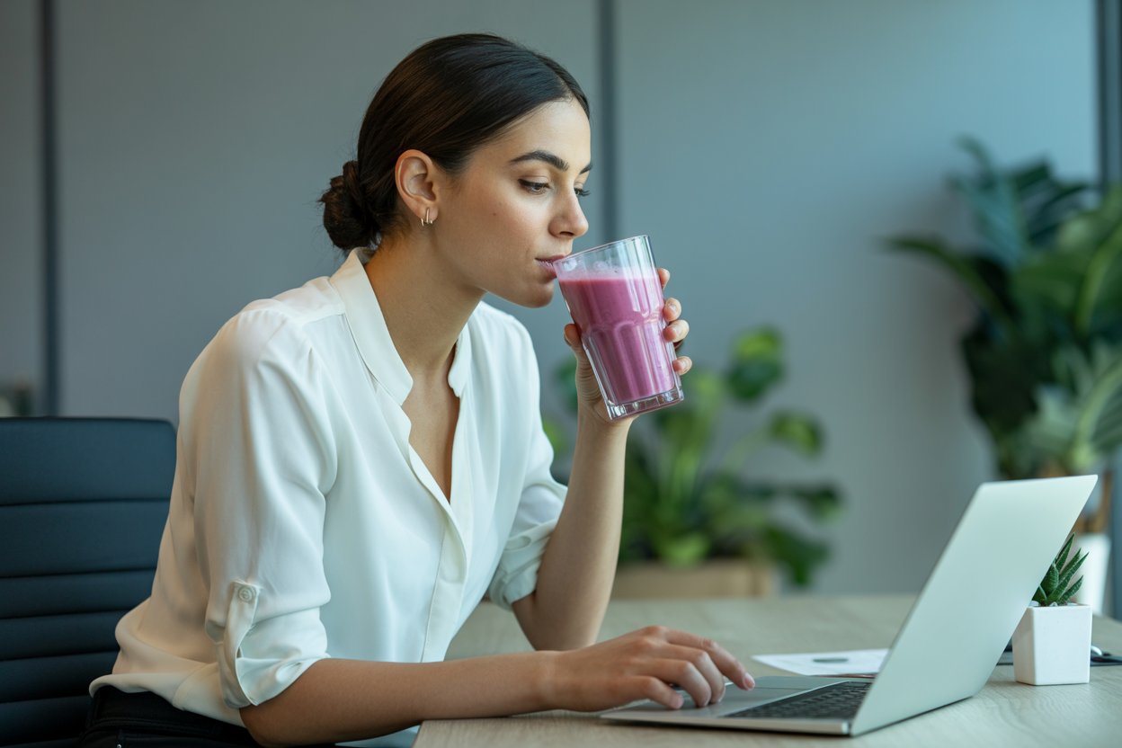 An office lady having a meal replacement drink while working